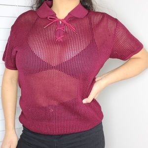 Vintage 🔥 Fish Net Burgundy Collared Shirt